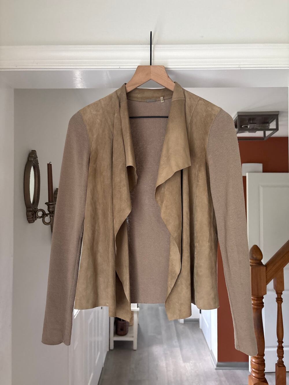 Elie Tahari | Tan Suede Draped Jacket XS Lightweight Coatigan Open Front